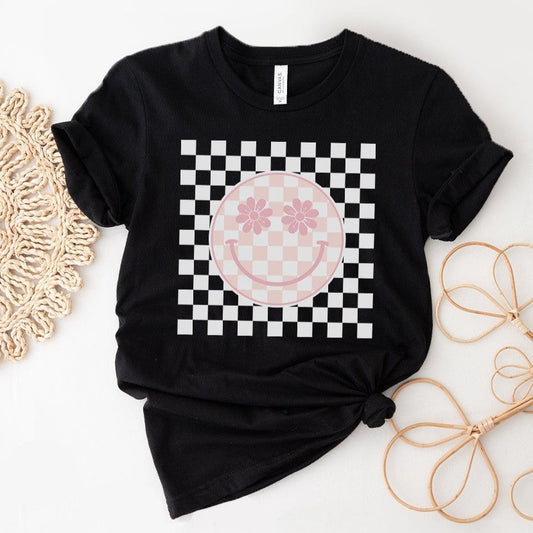 Checkered Smiley Face Graphic Tee